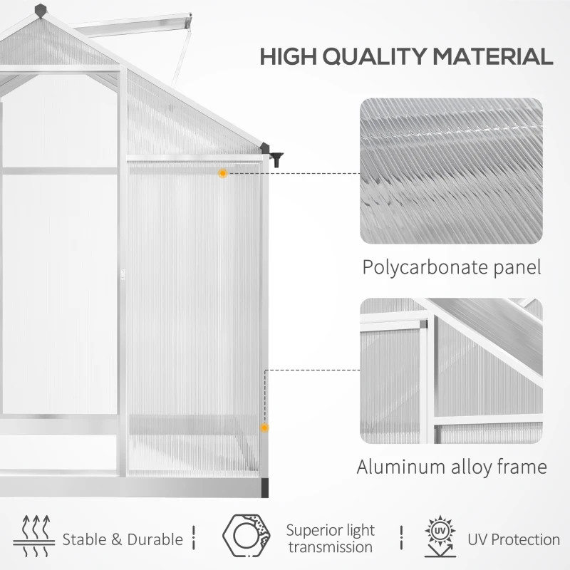 Outsunny 6' x 8' x 6.4' Polycarbonate Greenhouse, Aluminum Walk-In Green House Kit Garden, Plants Grow with Rain Gutter and Roof Vent, Silver