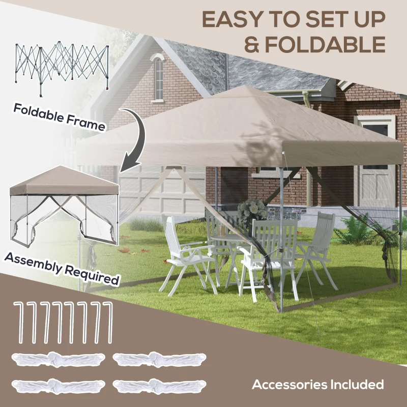Outsunny 10' x 10' Pop Up Canopy Party Tent with 3-Level Adjustable Height, Easy Move Roller Bag, Khaki