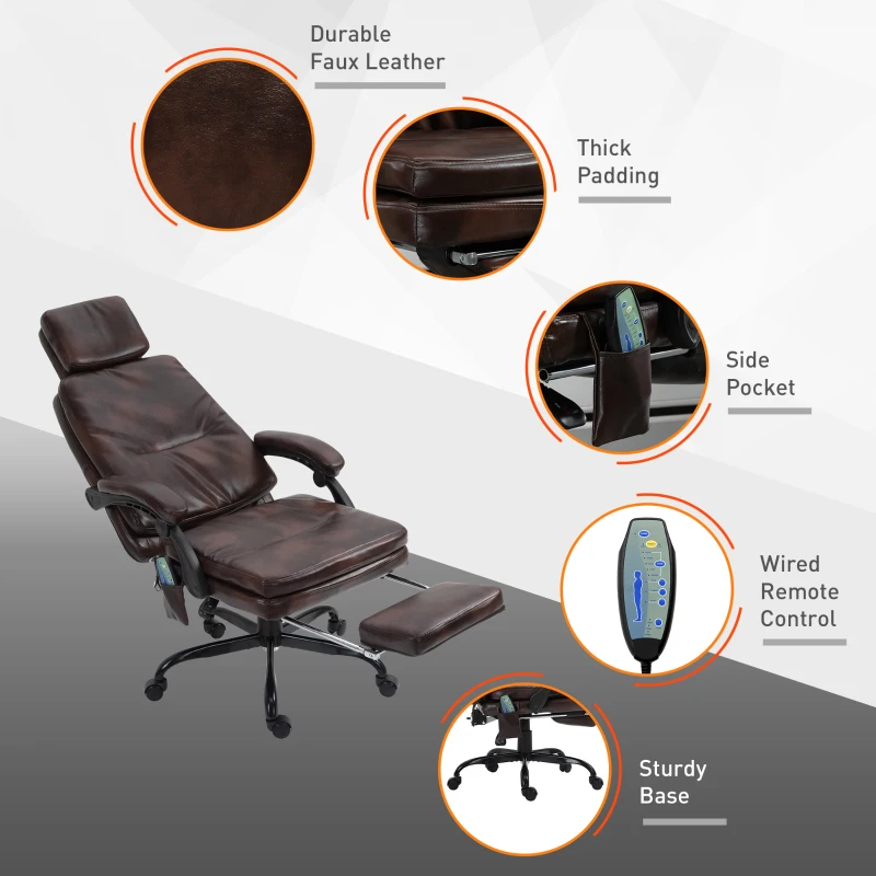 Vinsetto High-Back 6-Point Vibration Massaging Office Chair with 5 Modes, Headrest, Padded Seat, Wheels, Retractable Footrest, Brown