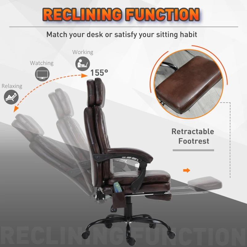 Vinsetto High-Back 6-Point Vibration Massaging Office Chair with 5 Modes, Headrest, Padded Seat, Wheels, Retractable Footrest, Brown