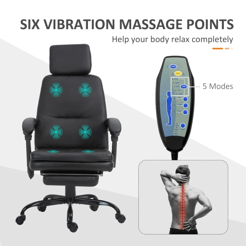 Vinsetto High-Back 6-Point Vibration Massaging Office Chair with 5 Modes, Headrest, Padded Seat, Wheels, Retractable Footrest, Black
