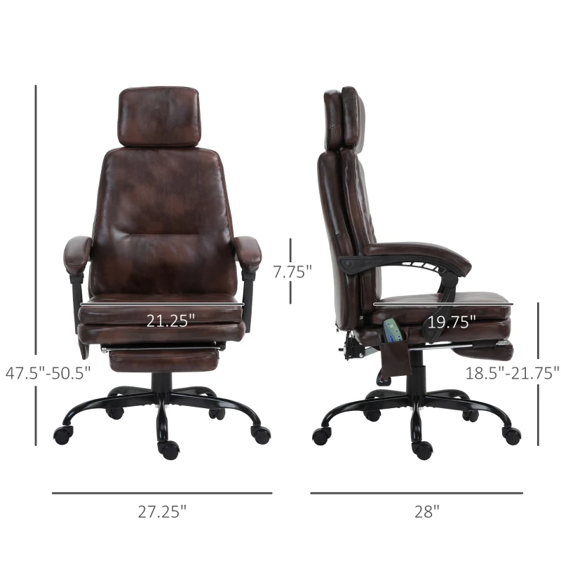Vinsetto High-Back 6-Point Vibration Massaging Office Chair with 5 Modes, Headrest, Padded Seat, Wheels, Retractable Footrest, Brown