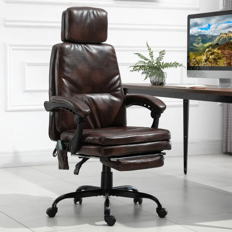 Vinsetto High-Back 6-Point Vibration Massaging Office Chair with 5 Modes, Headrest, Padded Seat, Wheels, Retractable Footrest, Brown