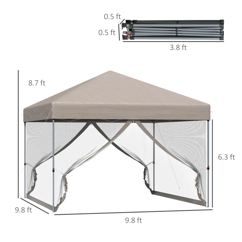 Outsunny 10' x 10' Pop Up Canopy Party Tent with 3-Level Adjustable Height, Easy Move Roller Bag, Khaki
