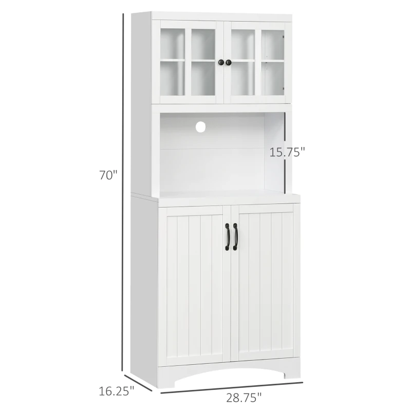 HOMCOM Kitchen Hutch, 70" Pantry Cabinet with Glass Framed Door, Storage Cabinet with Adjustable Shelves and Microwave Space for Dining Room, White