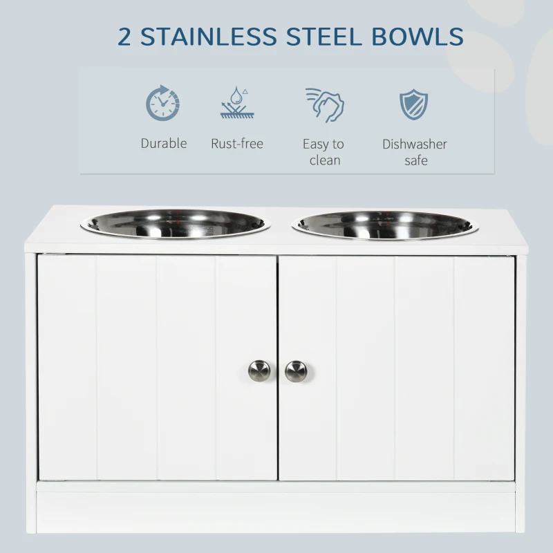 PawHut Elevated Dog Bowls for Large Dogs Pet Feeding Station with Stand, Storage, 2 Stainless Steel Food and Water Bowls, White, 23.6" x 11.8" x 14"