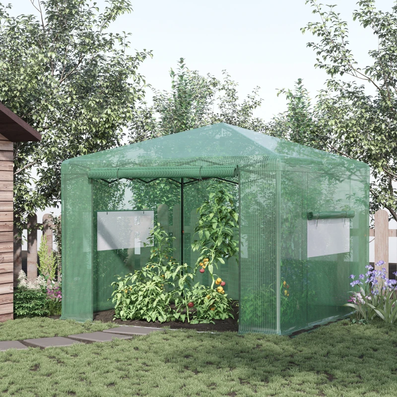 Outsunny 10' x 10' x 8' Portable Pop-up Walk-in Greenhouse with Roll-up Door & 2 Windows for Growing Flowers, Herbs, Vegetables