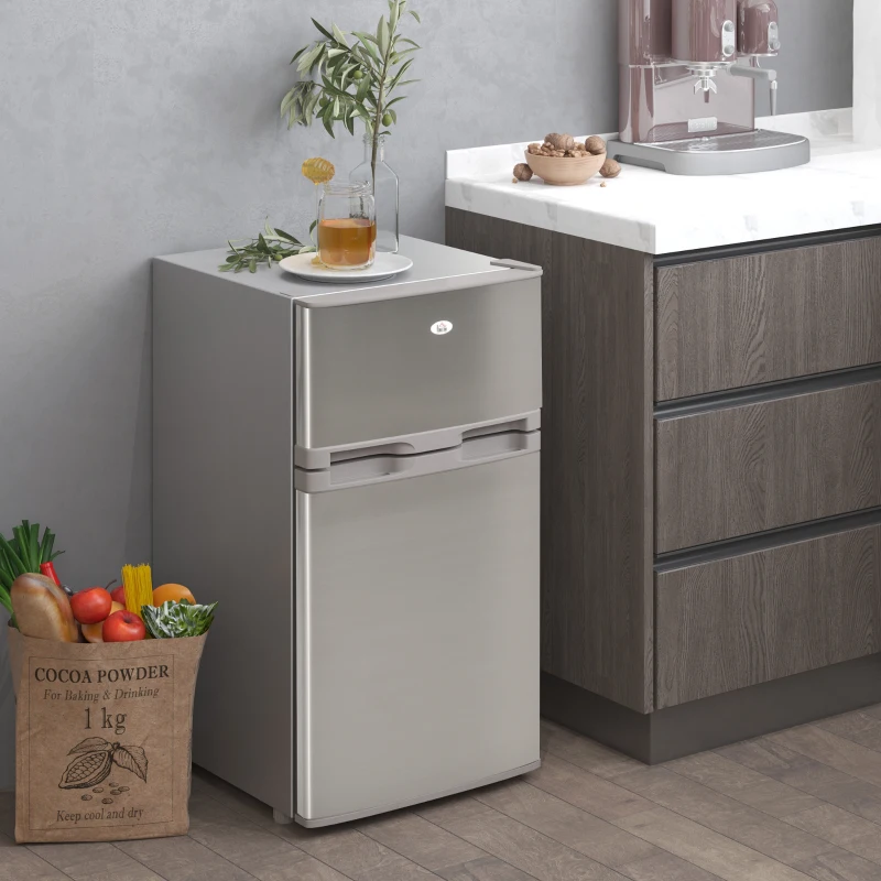 HOMCOM Mini Fridge with Freezer Compact Refrigerator 3 Cu Ft with 2 Doors Adjustable Temperature Removable Glass Shelves and Reversible Door for Office Motor Home Dormitory Apartment Bedroom Silver