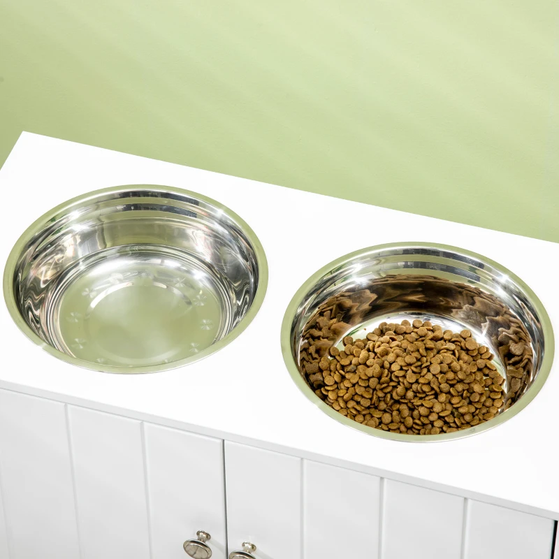 PawHut Elevated Dog Bowls for Large Dogs Pet Feeding Station with Stand, Storage, 2 Stainless Steel Food and Water Bowls, White, 23.6" x 11.8" x 14"