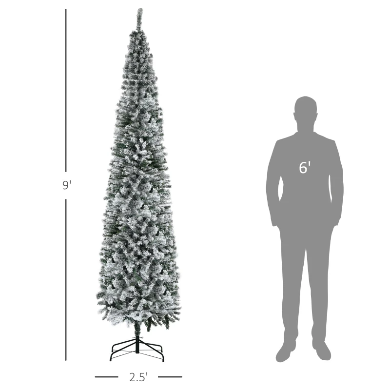 HOMOM 9ft Flocked Christmas Tree, Pencil Artificial Xmas Tree with Faux Snow, Dense Branches, Foldable Metal Base for Indoor Holiday Decor