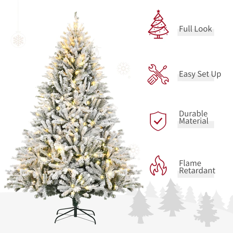 HOMCOM 7FT Tall Prelit Flocked Artificial Christmas Tree Holiday Décor with Realistic Branches, Warm White LED Lights, Auto Open, Green