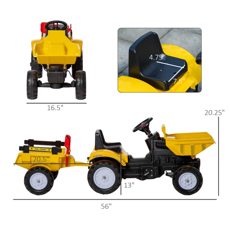 Aosom Ride on Toy Dump Truck for Kids, Pedal Construction Car with Detachable Trailer for 3 Year Old, Yellow