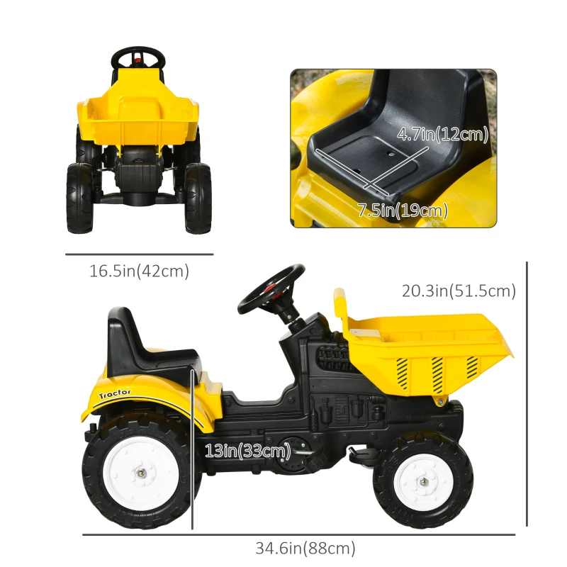Aosom Ride on Tractor for Kids, Pedal Construction Car with Manual Control Bucket for 3 Year Old, Yellow