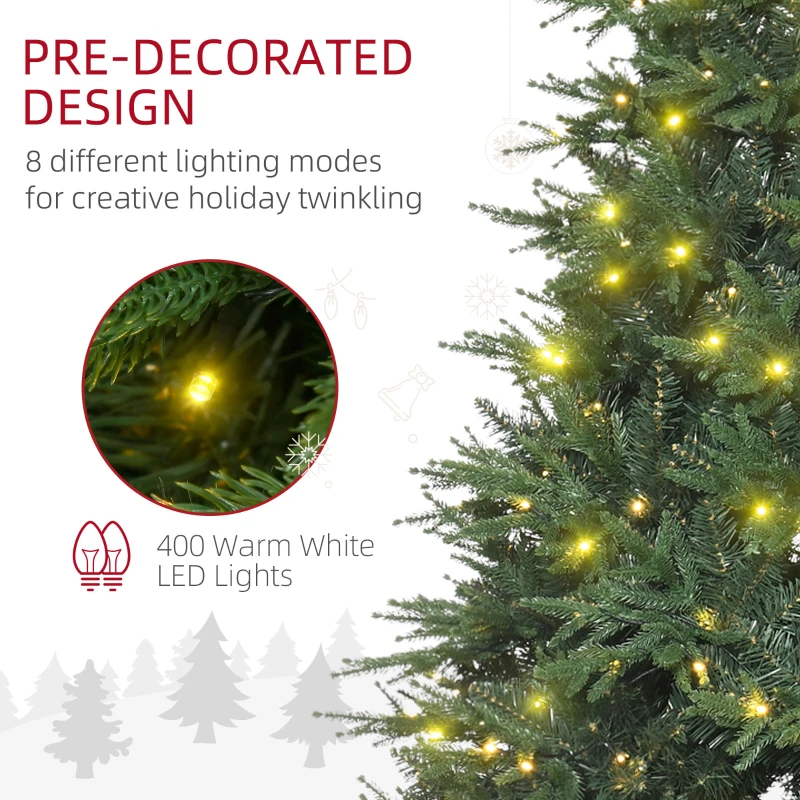 HOMCOM 7' Tall Prelit Full Artificial Christmas Tree with Realistic Branches, 400 Warm White LED Lights and 4030 Tips, Green