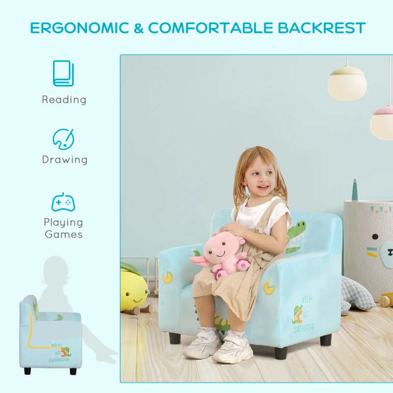 Qaba Kids Sofa, Armrest Chair for Preschool, Toddler Couch for Kids Room, Kindergarten with Cute Animal Print, Super-soft Velvet, Eucalyptus Wood, Light Blue