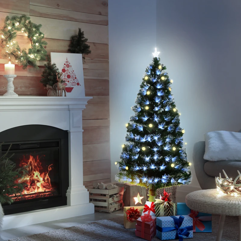HOMCOM 5ft Tall Pre-Lit Douglas Fir Artificial Christmas Tree with Fiber Optic Ball LED Lights and 180 Tips, Green