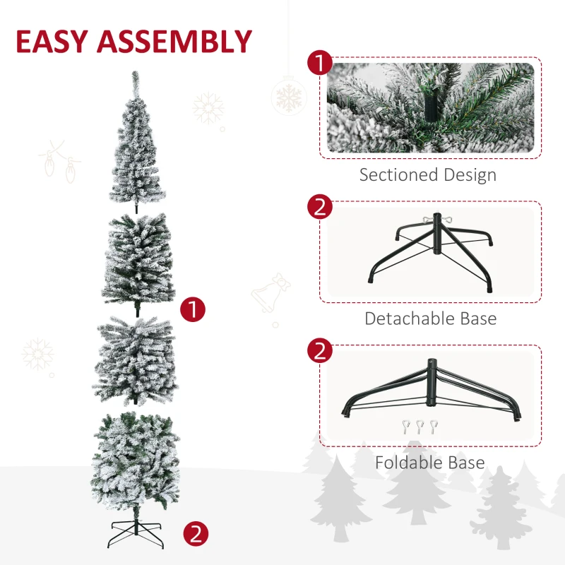 HOMOM 9ft Flocked Christmas Tree, Pencil Artificial Xmas Tree with Faux Snow, Dense Branches, Foldable Metal Base for Indoor Holiday Decor