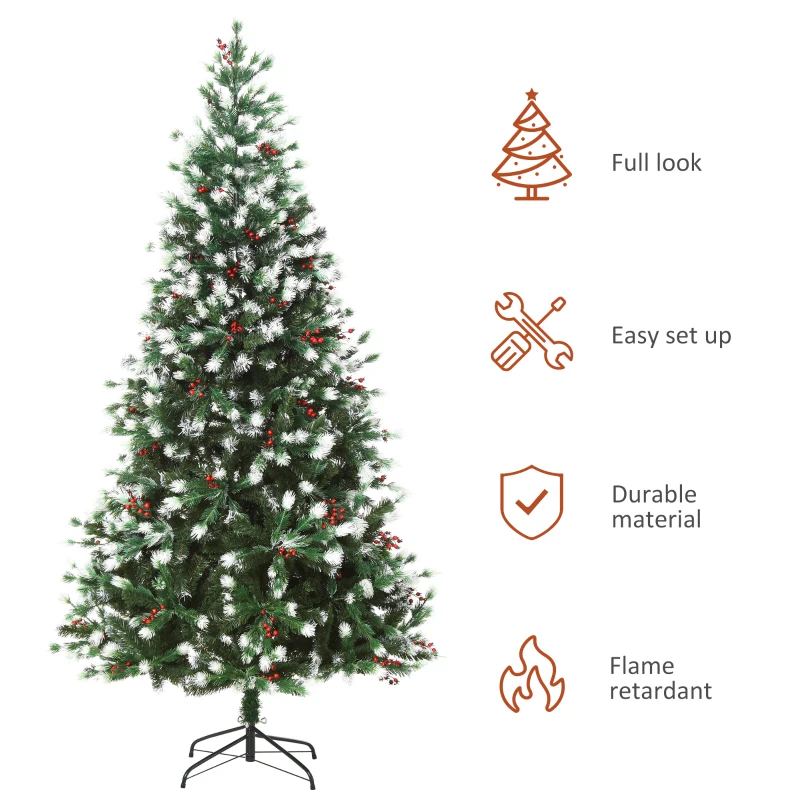 HOMCOM Artificial Christmas Tree, 7' Tall Unlit Snow-Flocked Fir with Realistic Branches, Red Berries and 1172 Tips