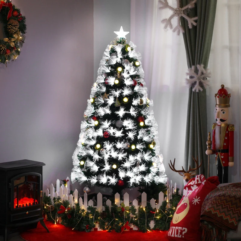 HOMCOM 5ft Tall Pre-Lit Douglas Fir Artificial Christmas Tree with Fiber Optic Ball LED Lights and 180 Tips, Green