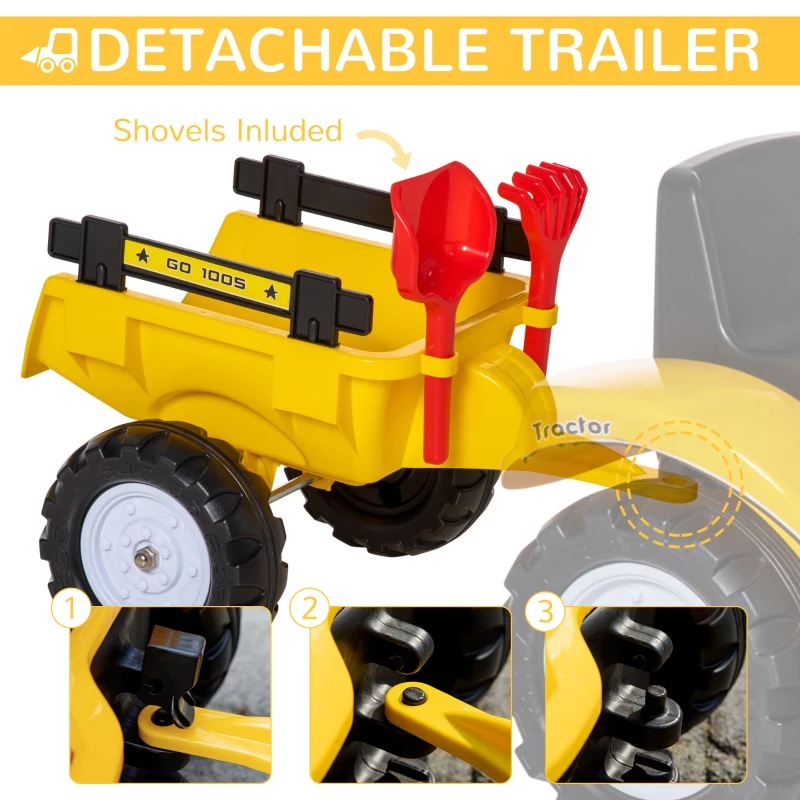 Aosom Ride on Toy Dump Truck for Kids, Pedal Construction Car with Detachable Trailer for 3 Year Old, Yellow