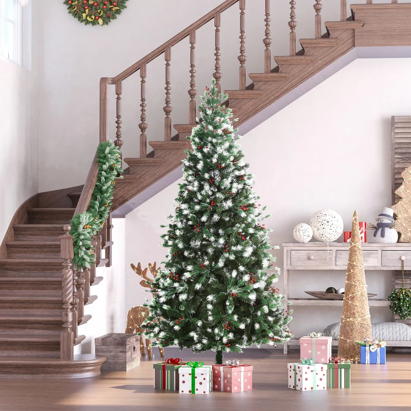 HOMCOM Artificial Christmas Tree, 7' Tall Unlit Snow-Flocked Fir with Realistic Branches, Red Berries and 1172 Tips