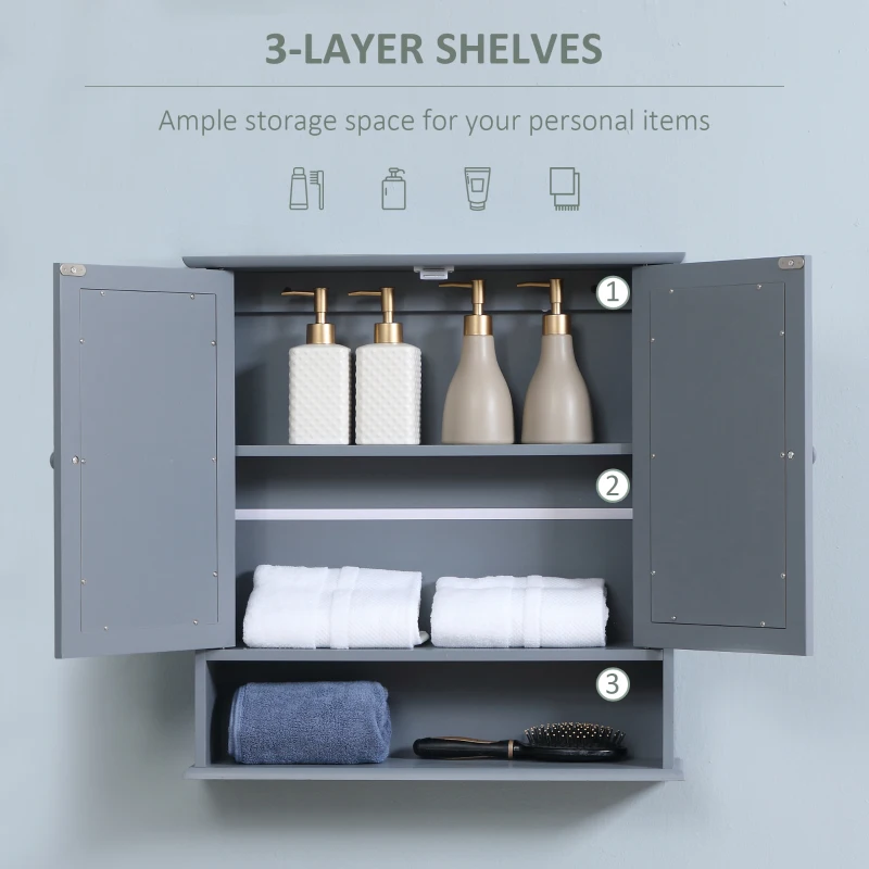 kleankin Medicine Cabinet, Wall-Mounted Bathroom Mirror Cabinet with Double Doors, Open Shelf, and Adjustable Shelf, Modern Bathroom Wall Cabinet, Grey