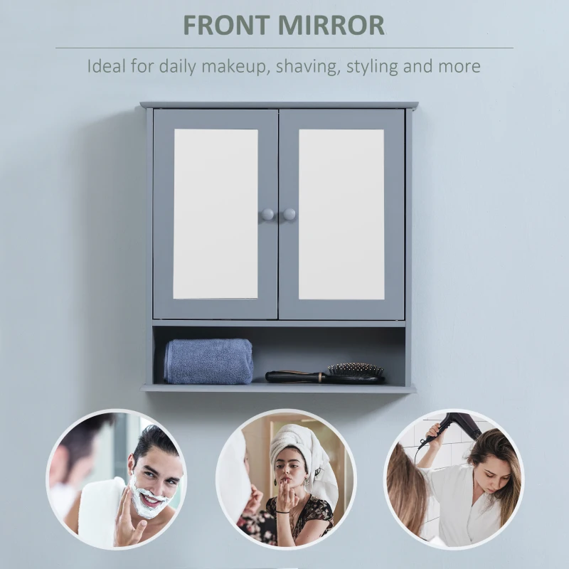 kleankin Medicine Cabinet, Wall-Mounted Bathroom Mirror Cabinet with Double Doors, Open Shelf, and Adjustable Shelf, Modern Bathroom Wall Cabinet, Grey