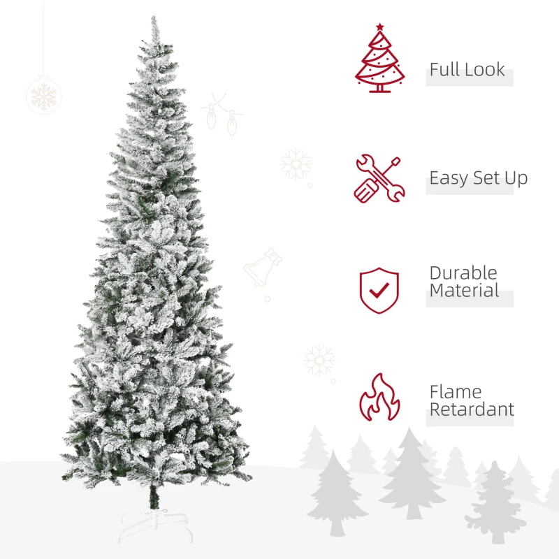 HOMCOM 9ft Unlit Snow-Flocked Slim Pine Artificial Christmas Tree with Realistic Branches and 1084 Tips