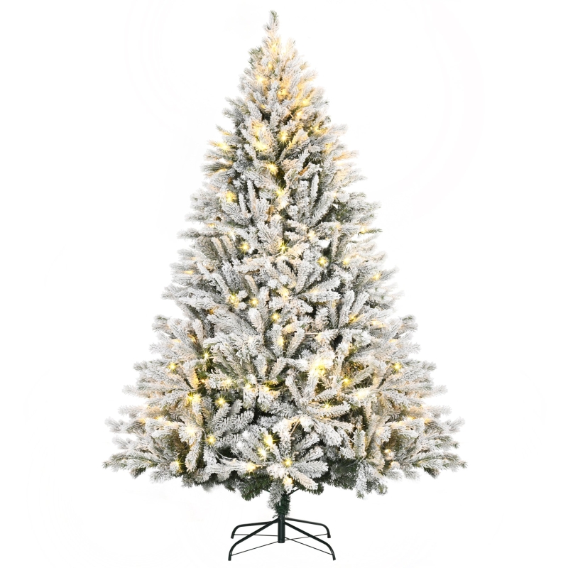HOMCOM 7ft Tall Prelit Flocked Artificial Christmas Tree Holiday Décor with 2156 Realistic Branches, 400 Warm White LED Lights, Auto Open, Green