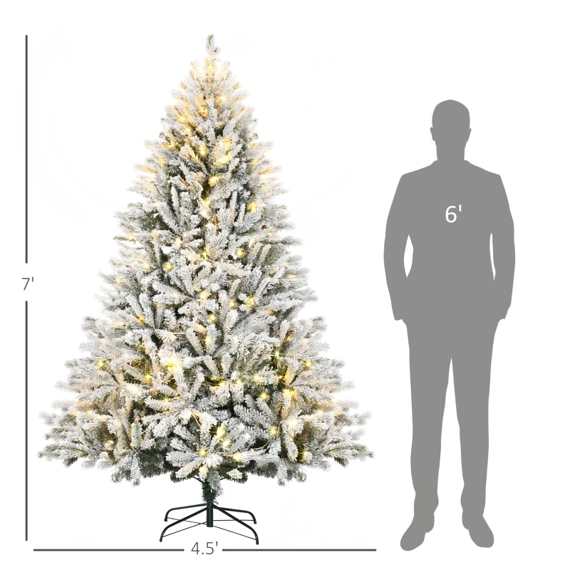 HOMCOM 7FT Tall Prelit Flocked Artificial Christmas Tree Holiday Décor with Realistic Branches, Warm White LED Lights, Auto Open, Green