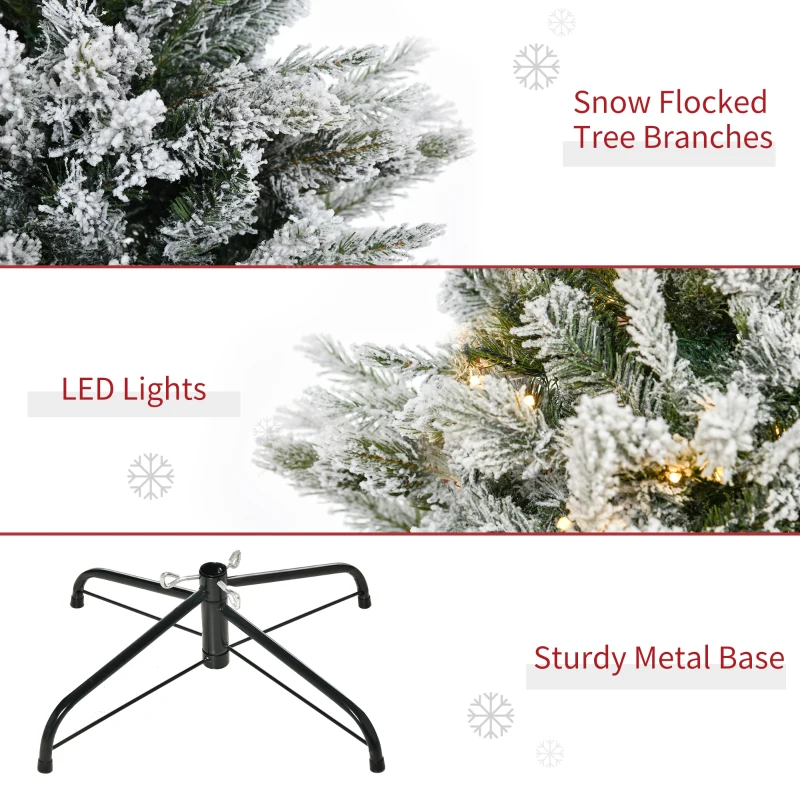 HOMCOM 7FT Tall Prelit Flocked Artificial Christmas Tree Holiday Décor with Realistic Branches, Warm White LED Lights, Auto Open, Green