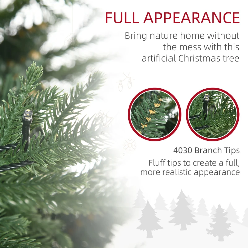 HOMCOM 7' Tall Prelit Full Artificial Christmas Tree with Realistic Branches, 400 Warm White LED Lights and 4030 Tips, Green
