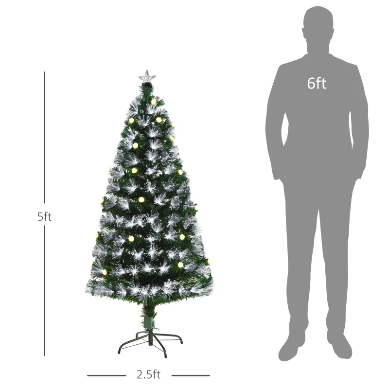 HOMCOM 5ft Tall Pre-Lit Douglas Fir Artificial Christmas Tree with Fiber Optic Ball LED Lights and 180 Tips, Green