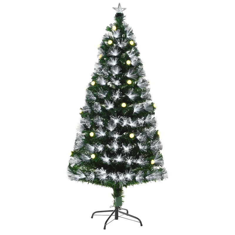 HOMCOM 5ft Tall Pre-Lit Douglas Fir Artificial Christmas Tree with Fiber Optic Ball LED Lights and 180 Tips, Green