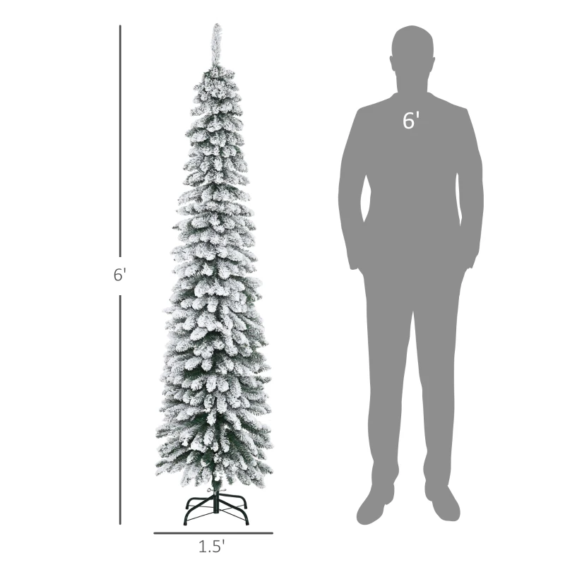 HOMCOM 6' Tall Unlit Slim Pencil Xmas Tree, Snow Flocked Artificial Christmas Tree with Realistic Branches and 603 Tips, Green
