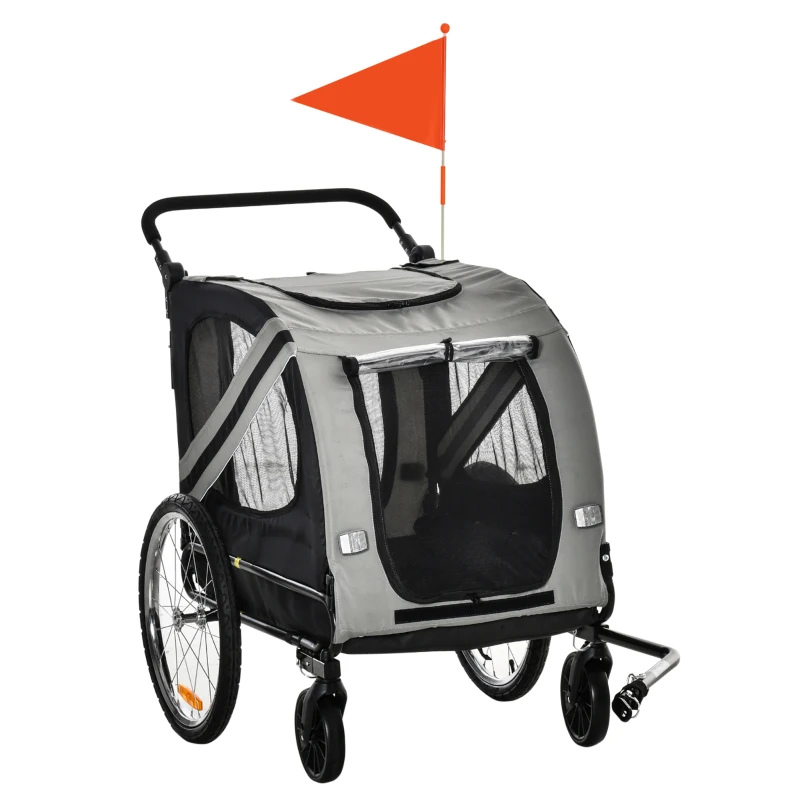 Aosom Dog Bike Trailer, 2-in-1 Dog Wagon Pet Stroller for Travel with Universal Wheel Reflectors Flag, for Small and Medium Dogs, Grey