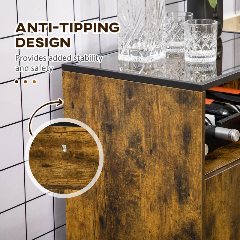 HOMCOM Industrial Wine Rack Cabinet for 4 Bottles, Liquor Cabinet with Tempered Glass Top, Adjustable Shelves for Home Bar, Dining Room, Rustic Brown