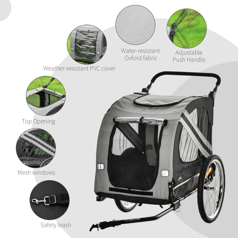 Aosom Dog Bike Trailer, 2-in-1 Dog Wagon Pet Stroller for Travel with Universal Wheel Reflectors Flag, for Small and Medium Dogs, Grey