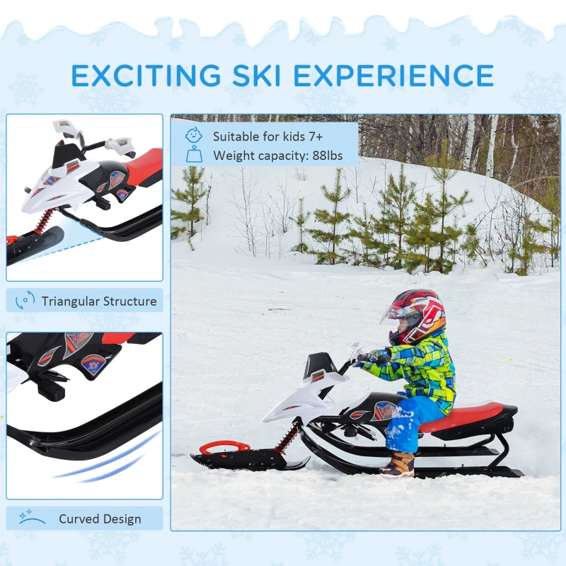 Soozier GT Snow Racer Sleds for Kids with Padded Rubber Seat Traction Rope, Snow Motor with Wind Shield Handle and Anti-Slip Pedal, Winter Gift for Boys Girls Red