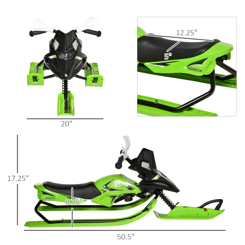 Outsunny Kids Snow Racer Sled, Ski Sled Slider Board, Snowmobile, with Foot Break, Auto Pull Rope, for Downhill and Uphill, Age 5 & up, Gift for Boys & Girls, Green