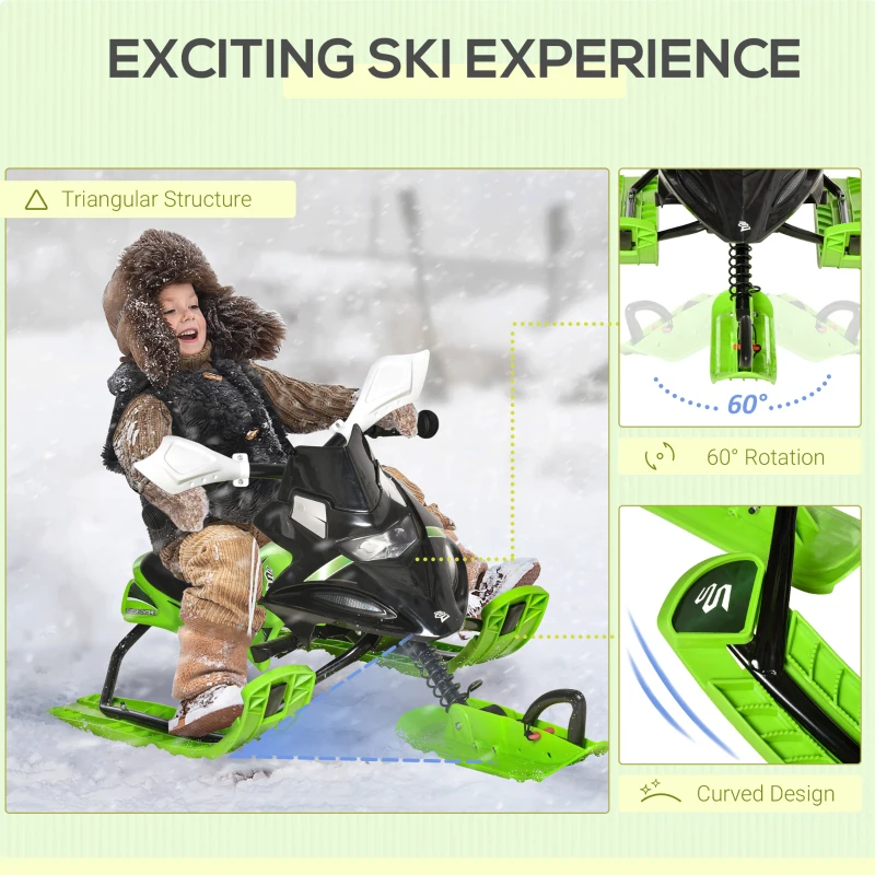 Outsunny Kids Snow Racer Sled, Ski Sled Slider Board, Snowmobile, with Foot Break, Auto Pull Rope, for Downhill and Uphill, Age 5 & up, Gift for Boys & Girls, Green