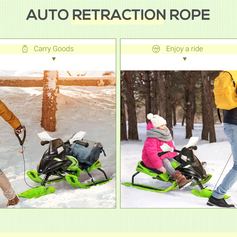 Outsunny Kids Snow Racer Sled, Ski Sled Slider Board, Snowmobile, with Foot Break, Auto Pull Rope, for Downhill and Uphill, Age 5 & up, Gift for Boys & Girls, Green