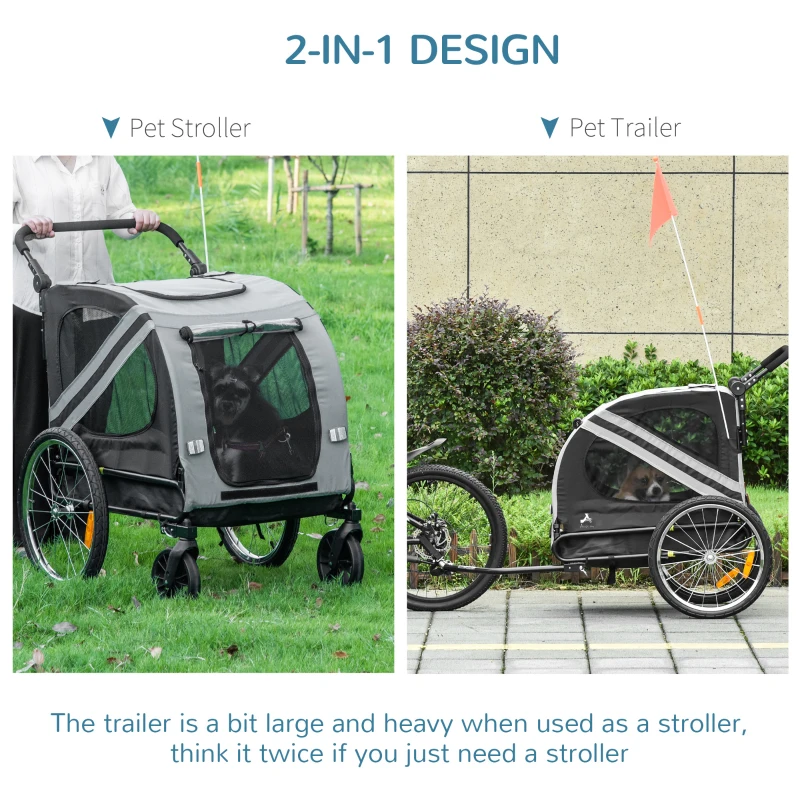 Aosom Dog Bike Trailer, 2-in-1 Dog Wagon Pet Stroller for Travel with Universal Wheel Reflectors Flag, for Small and Medium Dogs, Grey