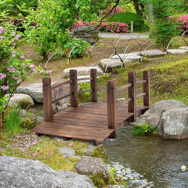 Outsunny 5FT Wood Garden Bridge Outdoor Decorative Landscape Side Rails Backyard Moon Bridge Park Decor Stained Wood