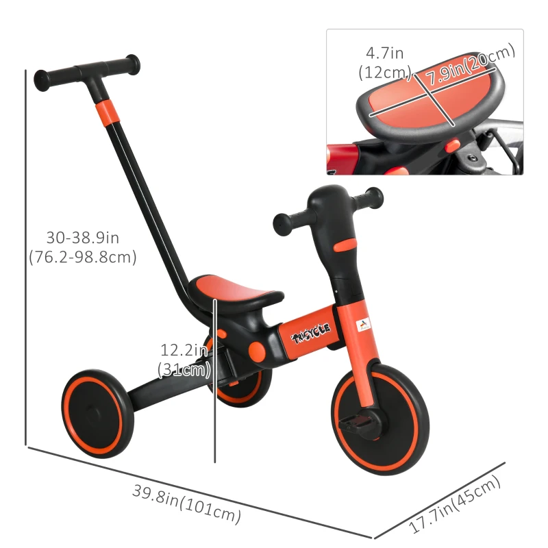 Aosom 4-in-1 Toddler Tricycle, Kids Trike with Adjustable Push Handle, Detachable Foot Rest for 18-48 Months, Red