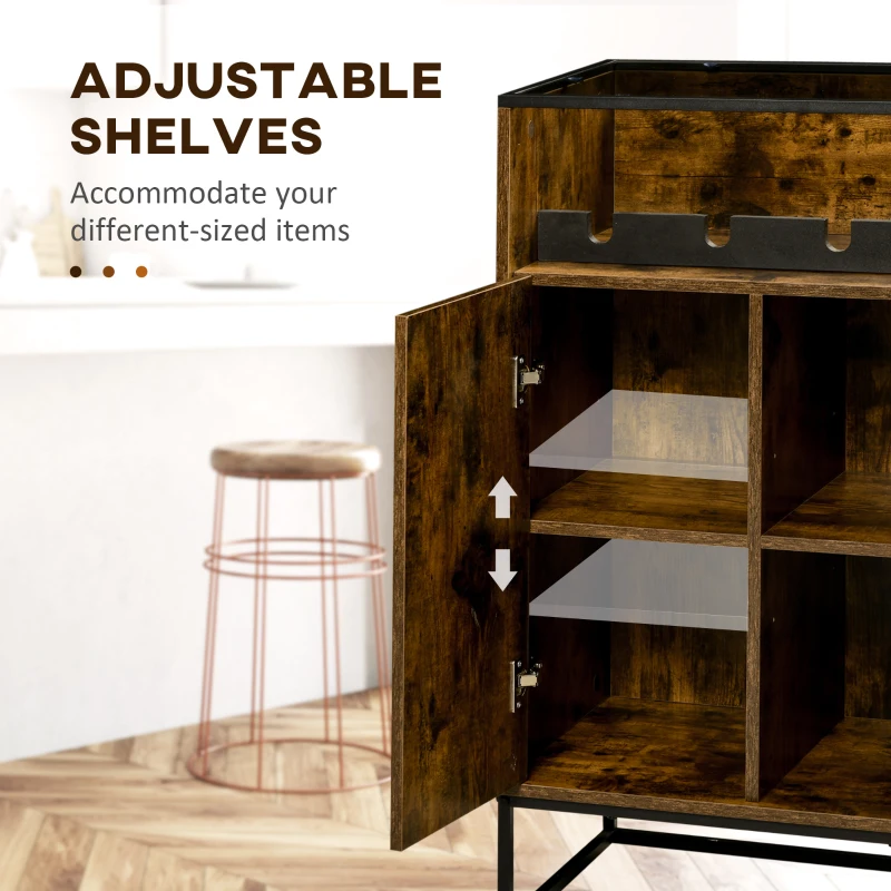 HOMCOM Industrial Wine Rack Cabinet for 4 Bottles, Liquor Cabinet with Tempered Glass Top, Adjustable Shelves for Home Bar, Dining Room, Rustic Brown