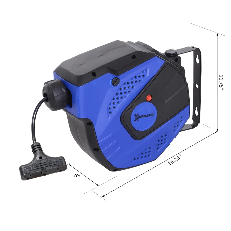 DURHAND 50ft Retractable Cord Reel Industrial Extension Cord 3 Grounded Outlets Adapter Ceiling or Wall Mount