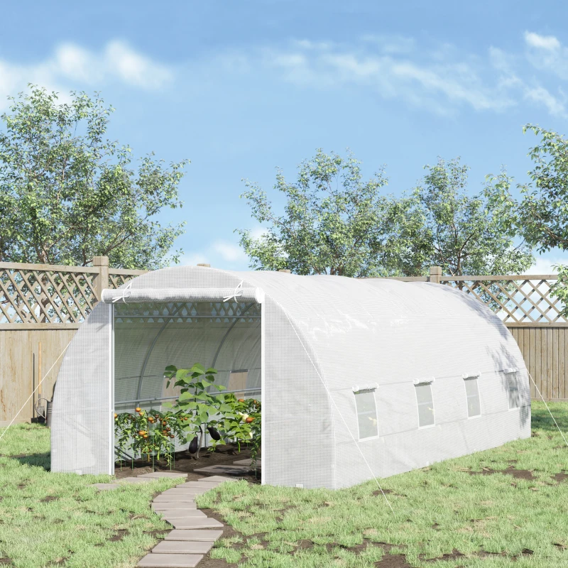 Outsunny 20' x 10' x 7' Walk-In Tunnel Greenhouse, Garden Warm House, Large Hot House Kit with 8 Roll-up Windows & Roll Up Door, Steel Frame, White