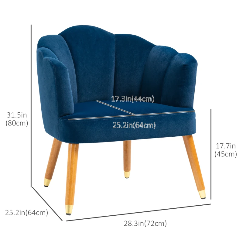 HOMCOM Modern Accent Chairs with Cushioned Seat, Upholstered Velvet Armchair for Bedroom, Living Room Chair with Arms and Wood Legs, Blue