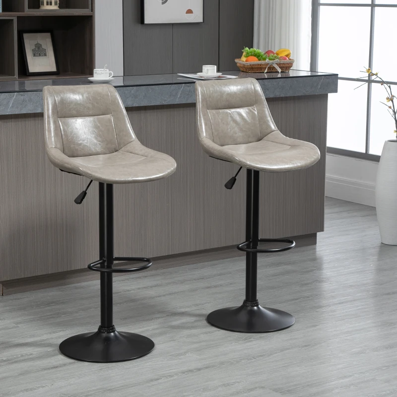 HOMCOM Adjustable Bar Stools Set of 2, Modern Kitchen Stools, 360 Degree Swivel Bar Height Chairs in PU Leather with Footrest, Grey